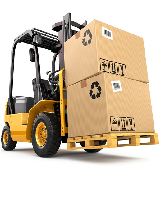 Forklift truck with boxes on pallet. Cargo. 3d